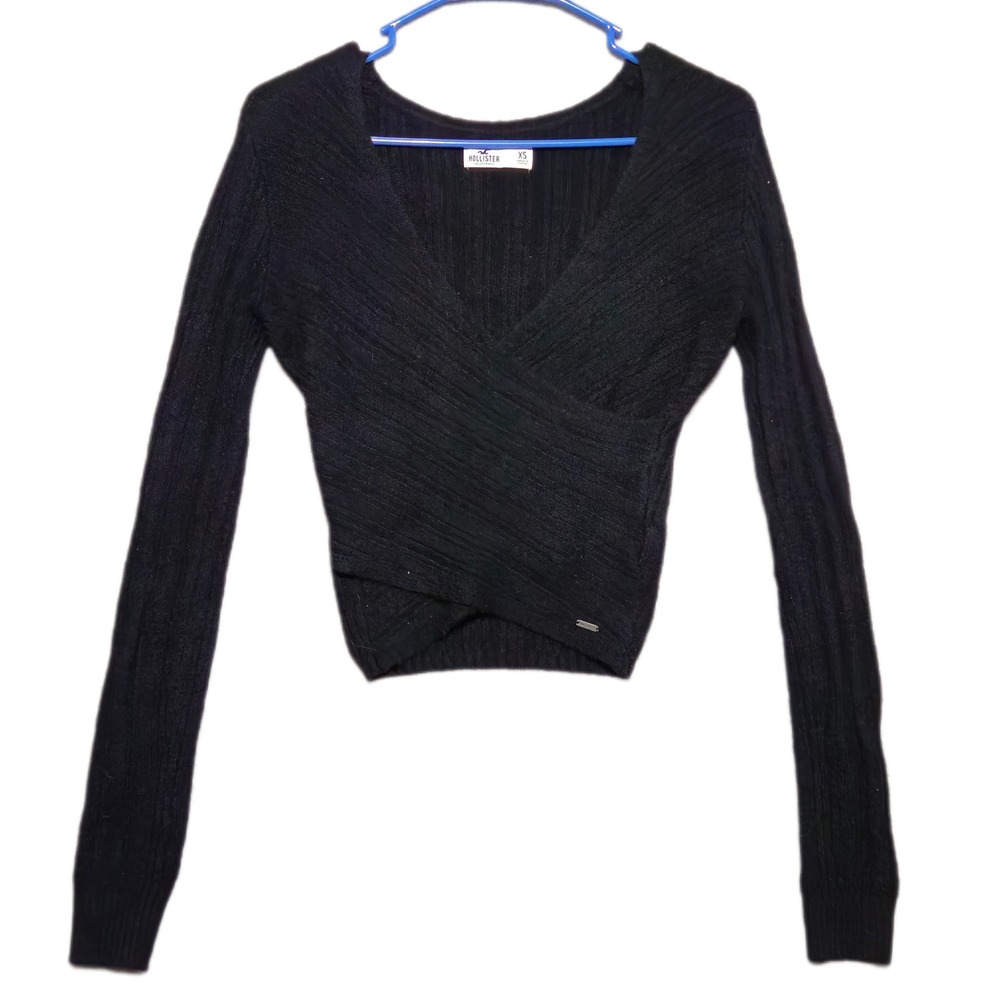 Hollister Wrap Sweater Women XS Black Ribbed Knit Cropped Surplice Long Sleeve